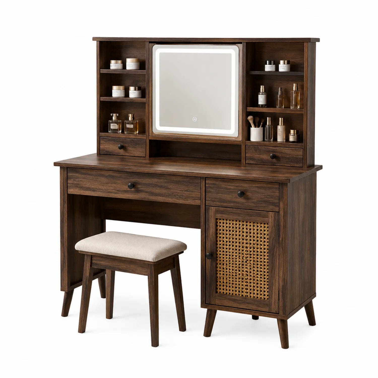 Holz Schminktisch Set mit Spiegel und Hocker Dunkelbraun