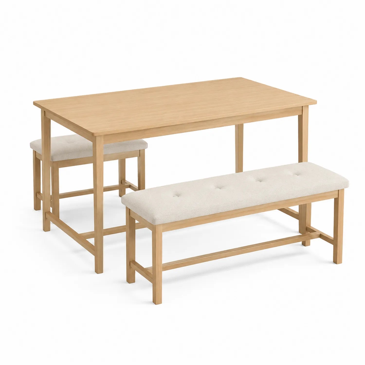 Esstisch-Set aus Eiche mit zwei gepolsterten Bänken in Beige