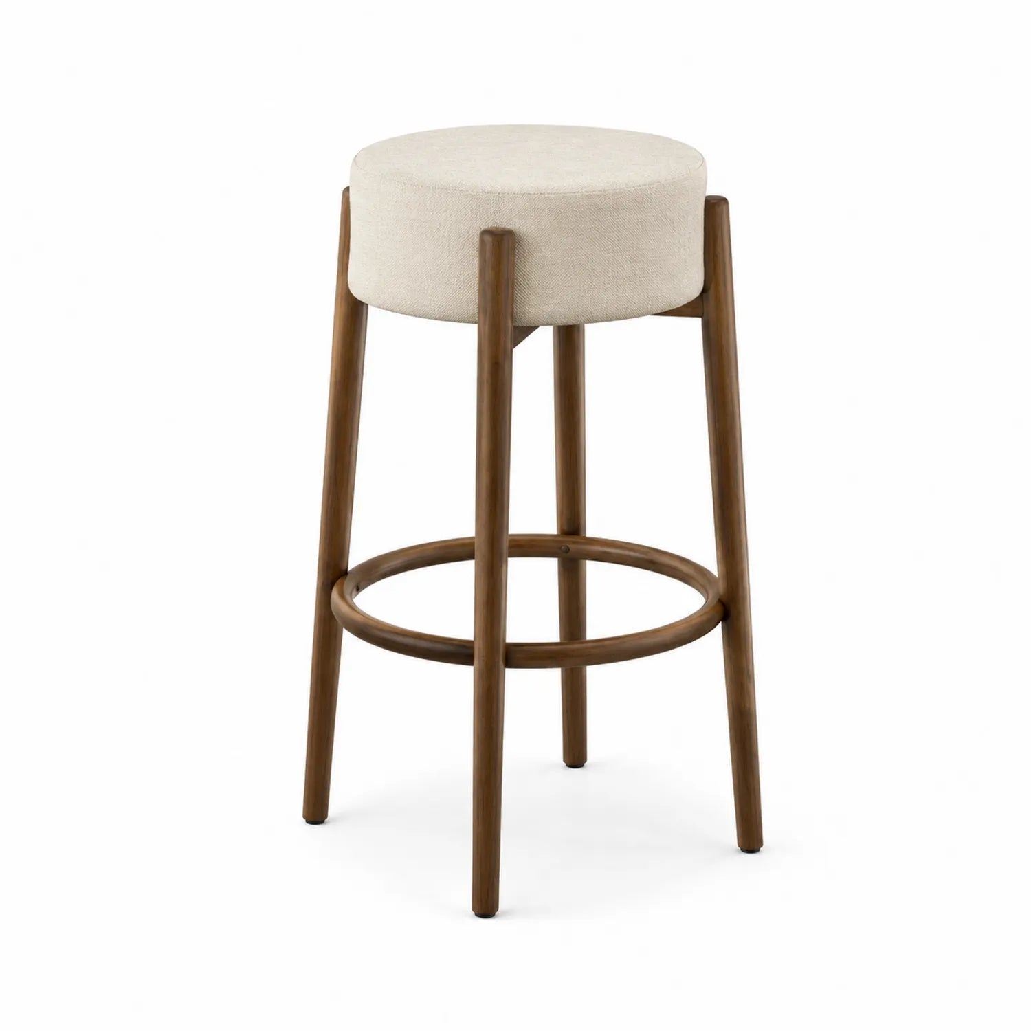Barhocker mit Walnussrahmen und Leinenbezug in Creme