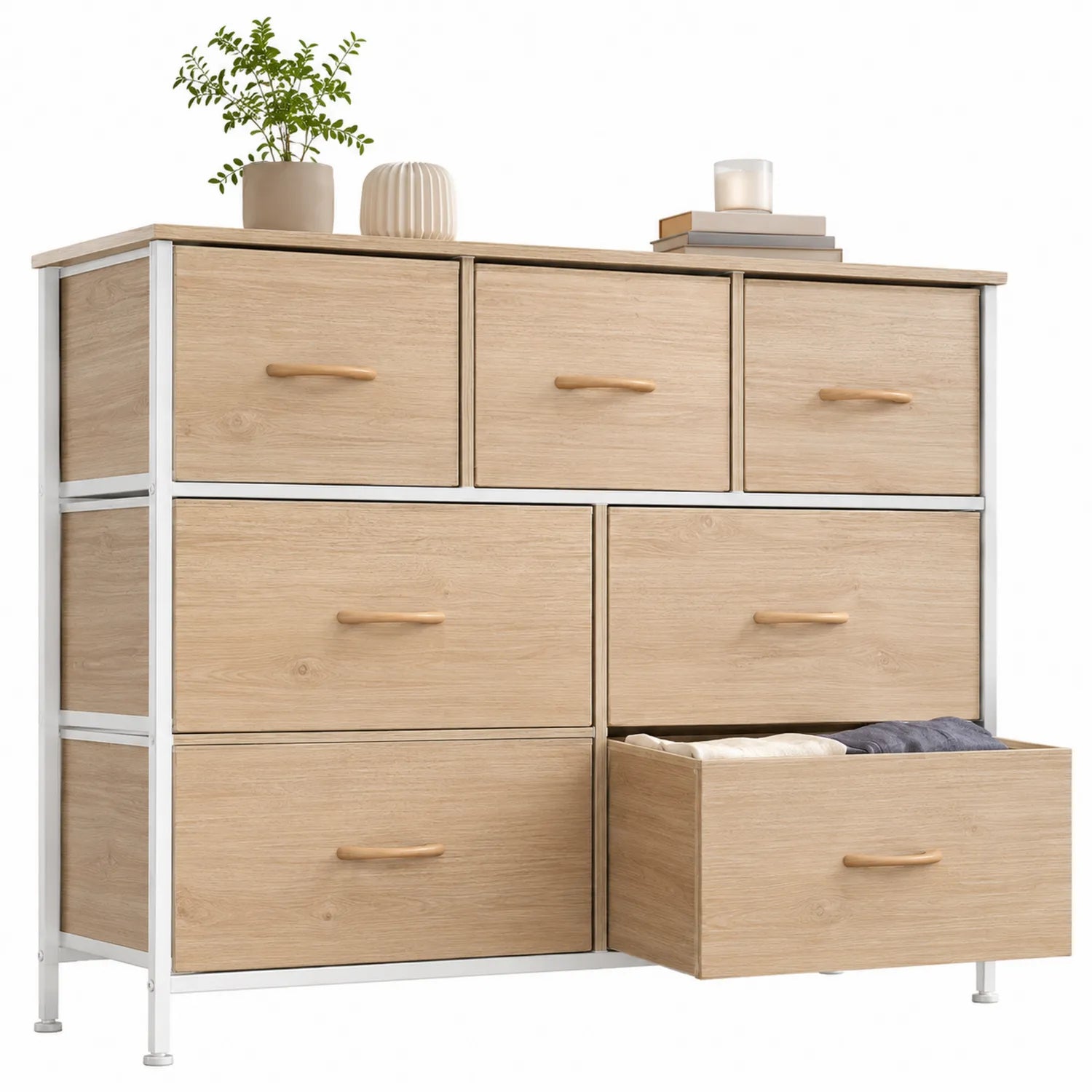 Kommode mit 7 Schubladen aus Holzoptik-MDF und Metallrahmen