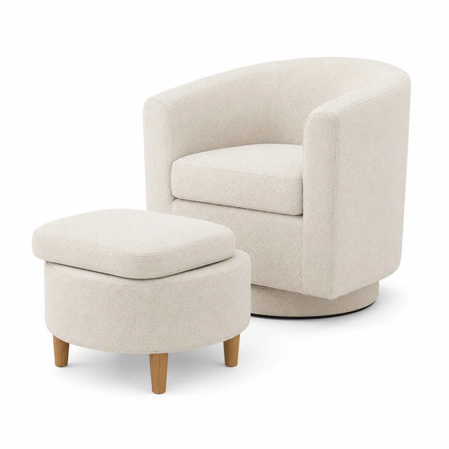Runder Bouclé-Sessel mit Hocker Creme