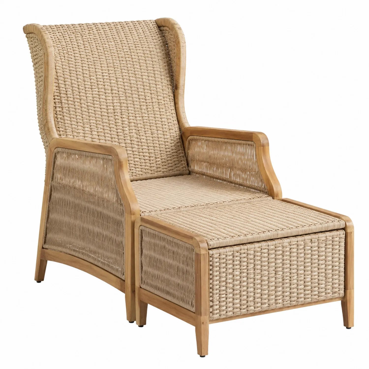 Liegestuhl aus Rattan und Teakholz Natur mit Hocker