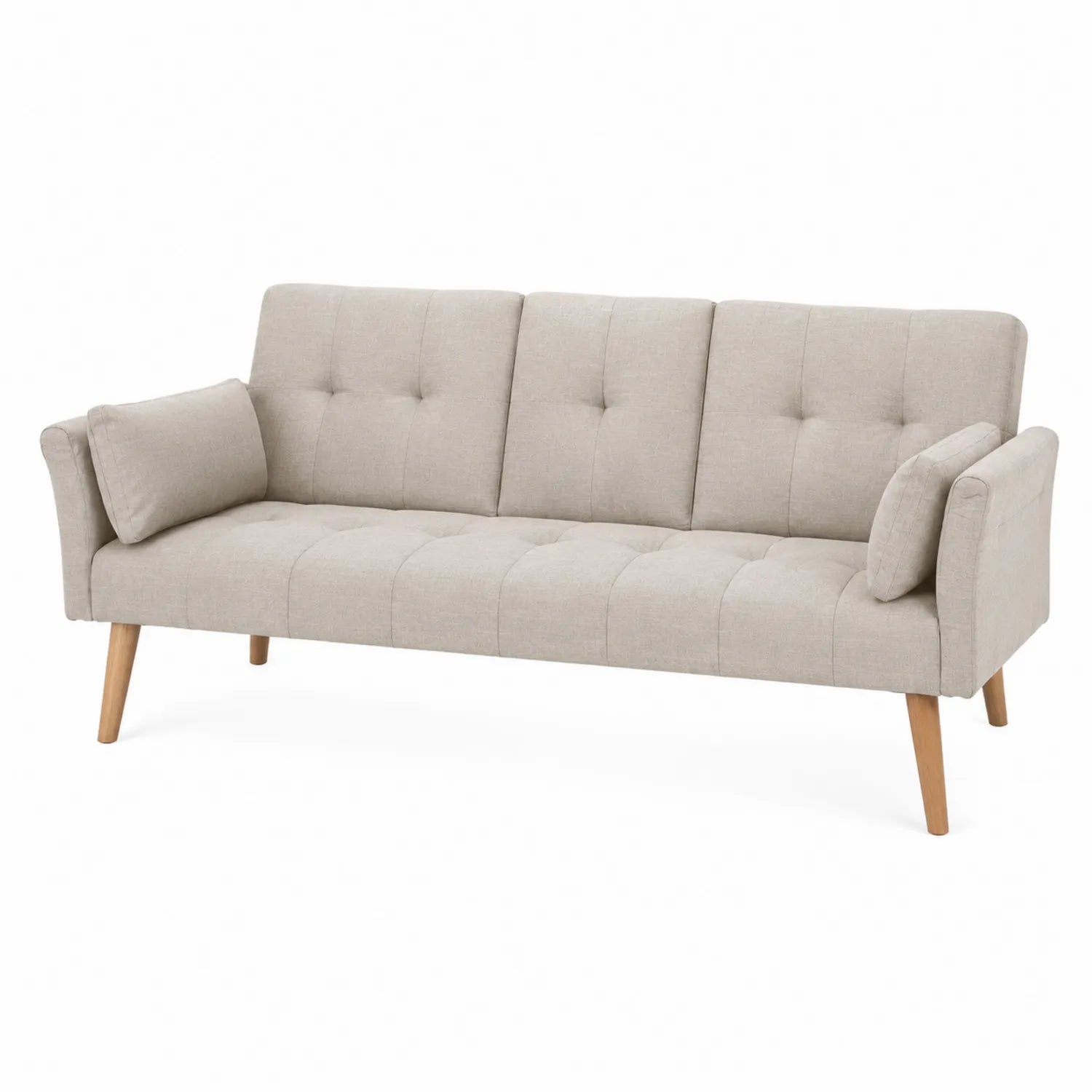 Beiges Dreisitzer-Sofa aus Stoff mit Kissen und Holzbeinen