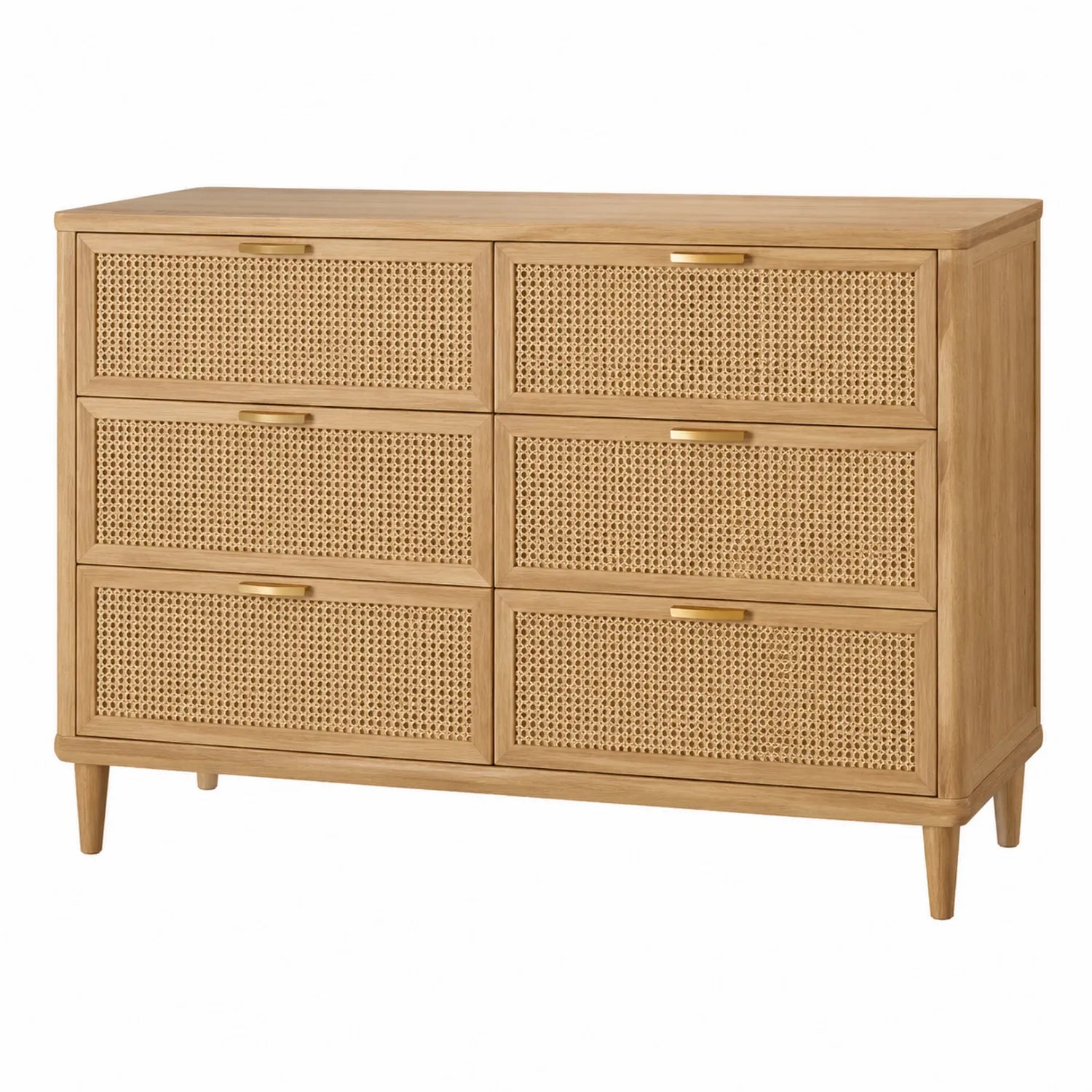 Kommode aus Eichenholz und Rattan mit 6 Schubladen