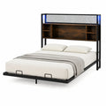 Doppelbett aus Metall und Holz mit Regal und LED-Leuchten, Schwarz/Braun, 200x160 cm