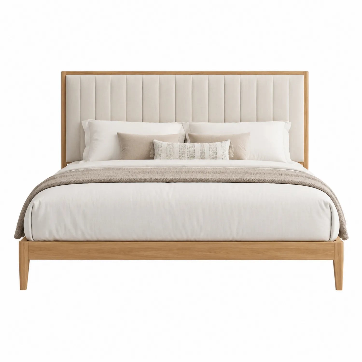 Doppelbett aus Eichenholz mit Polsterkopfteil Beige 200x180 cm