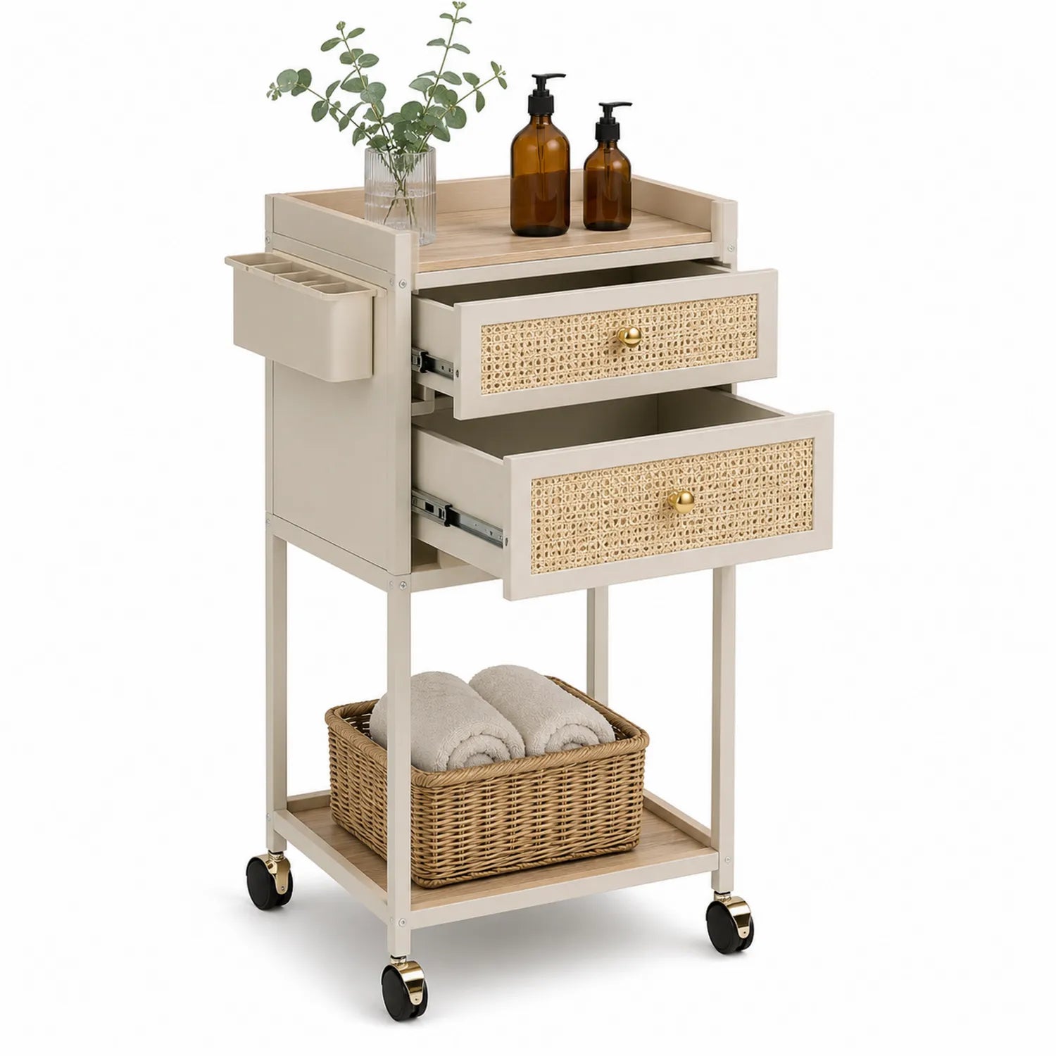 Rollwagen mit Rattan-Schubladen und MDF in Beige